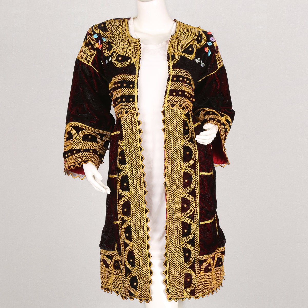 Maroon Cherma Embroidered Long Shrug | Velvet Belted Fancy Chapan 1
