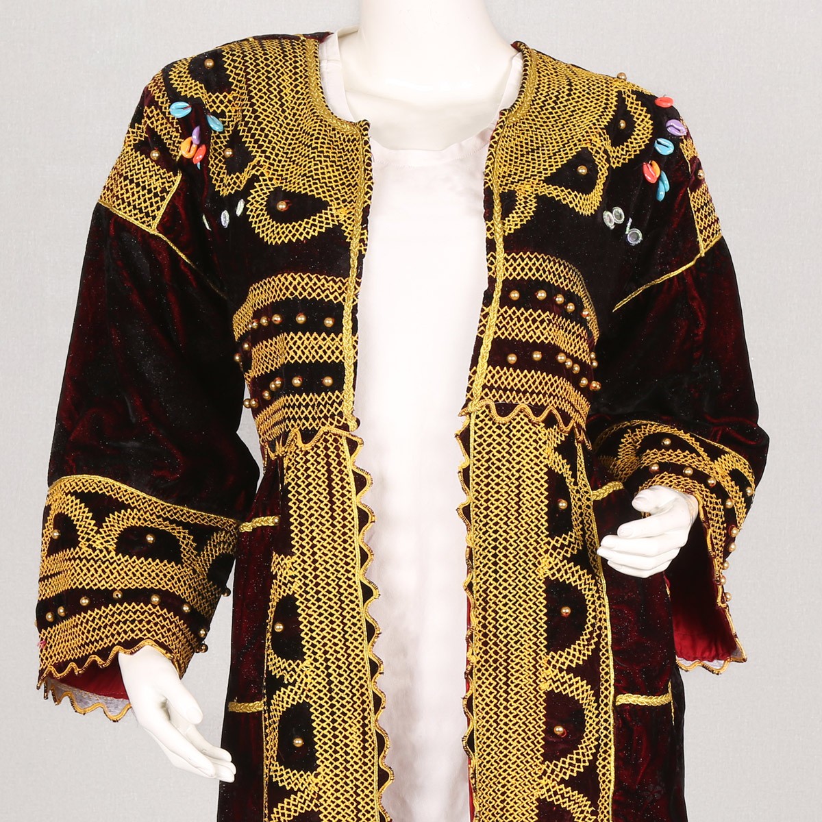 Maroon Cherma Embroidered Long Shrug | Velvet Belted Fancy Chapan 2
