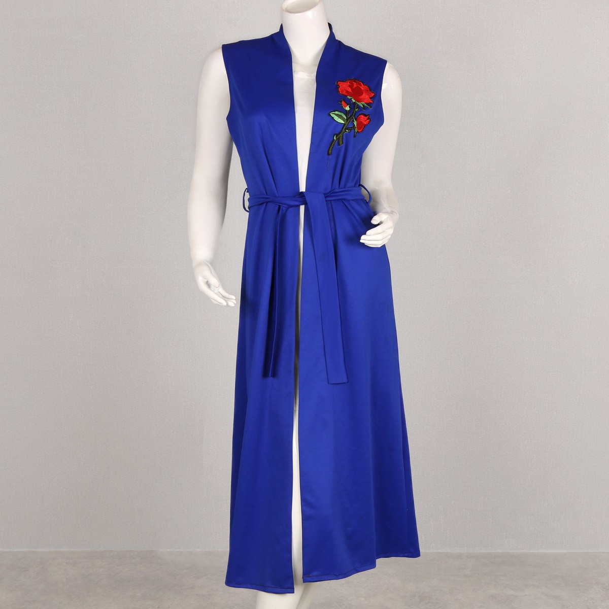 Blue Floral Stitch Collar Shrug | Crepe Sleeveless Belted Long Shrug 1