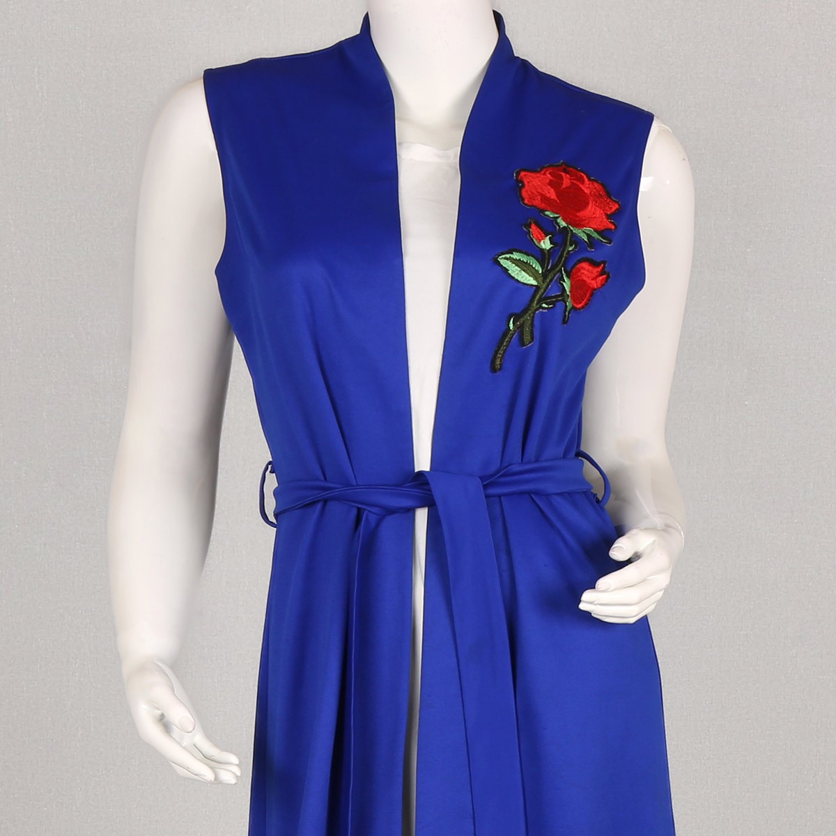 Blue Floral Stitch Collar Shrug | Crepe Sleeveless Belted Long Shrug 2