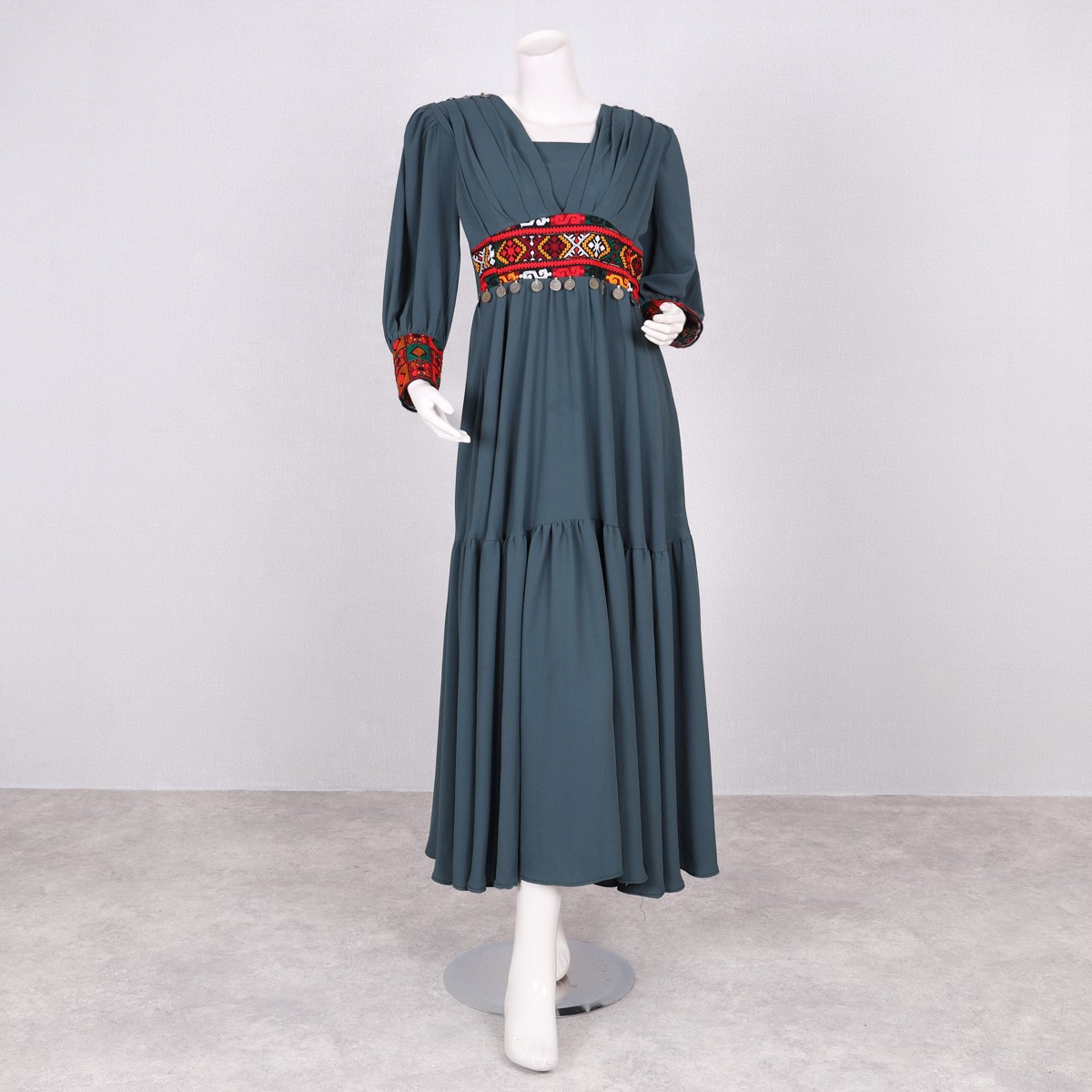 Drop Waisted Fancy Maxi | Stone Blue Embroidered Belted Frock 1