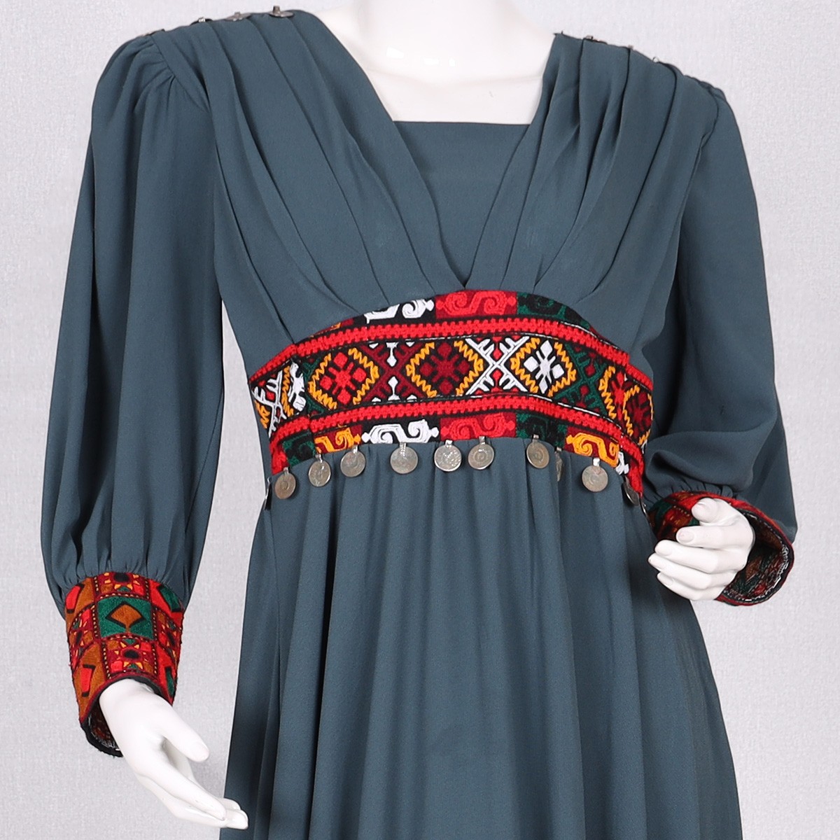 Drop Waisted Fancy Maxi | Stone Blue Embroidered Belted Frock 2