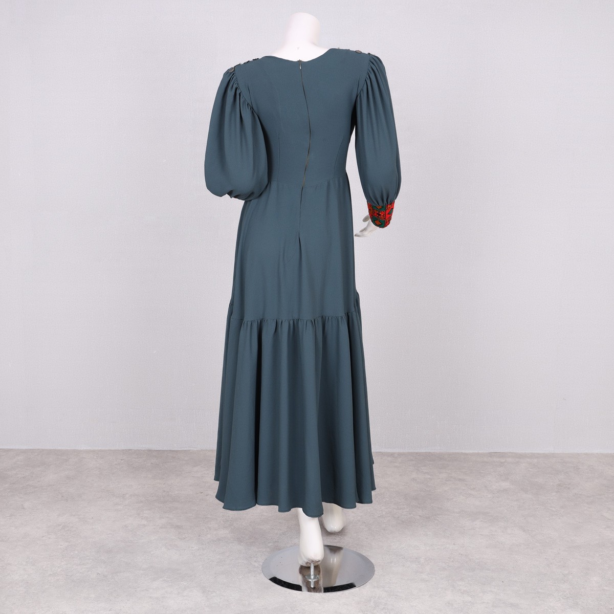 Drop Waisted Fancy Maxi | Stone Blue Embroidered Belted Frock 4