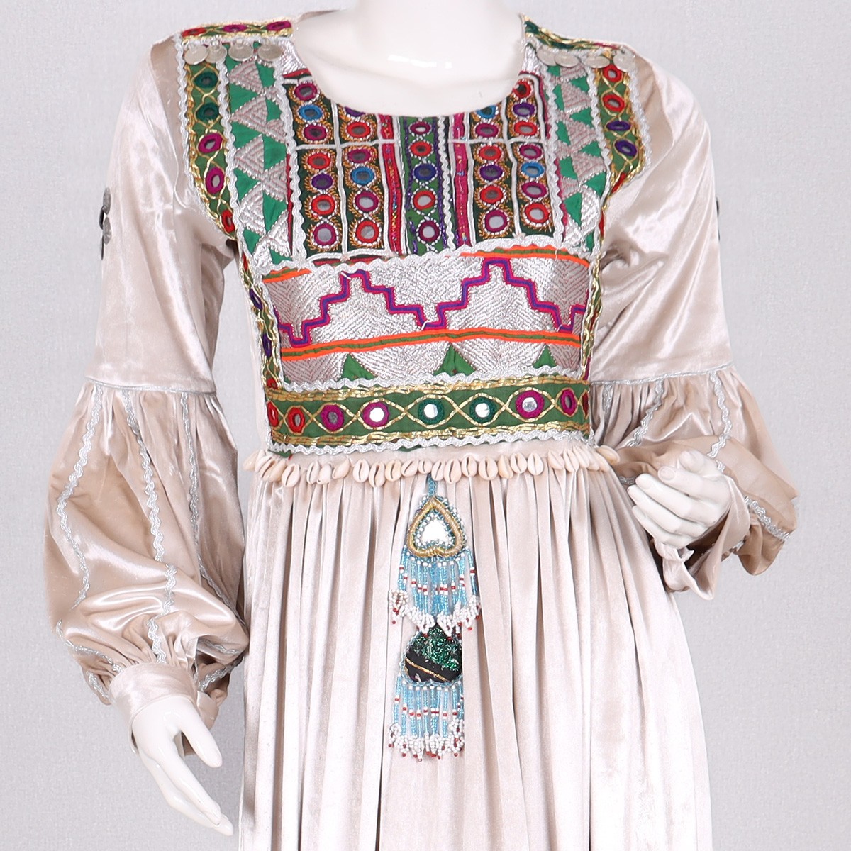 Off-White Pleated Velvet Afghan Dress | Mirror Embroidered Long Dress 2