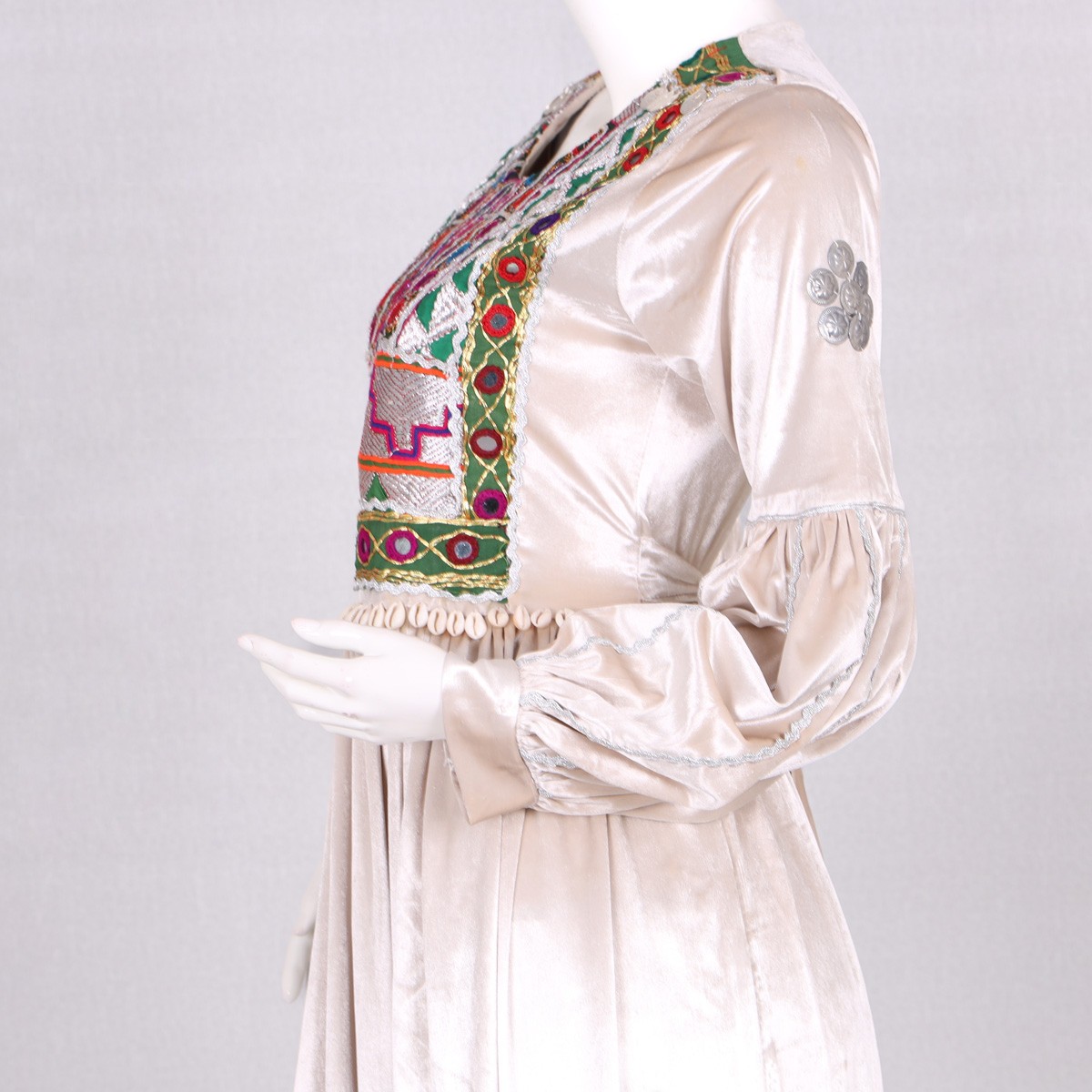 Off-White Pleated Velvet Afghan Dress | Mirror Embroidered Long Dress 3