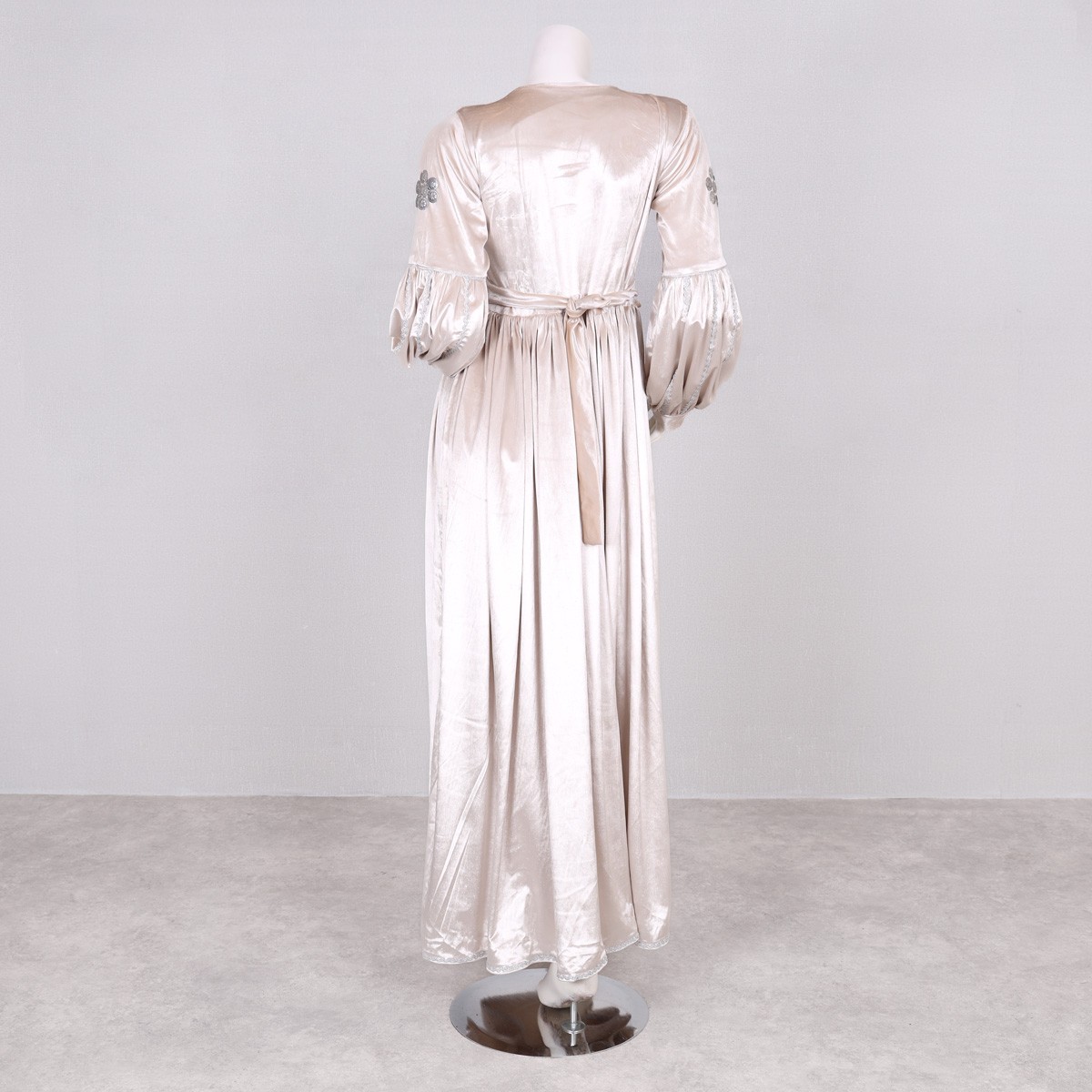 Off-White Pleated Velvet Afghan Dress | Mirror Embroidered Long Dress 4