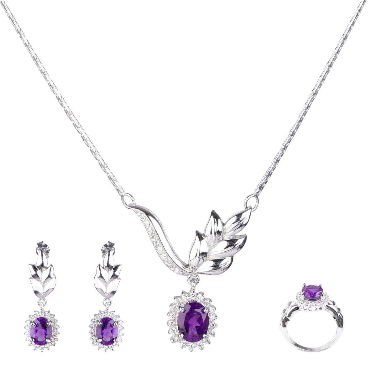 Amethyst Gemstone Pendant, Earrings, Ring| Silver Jewelry Set 1