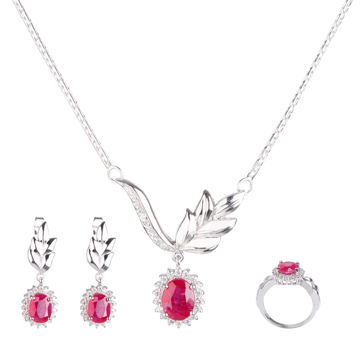 Pink Ruby Leaf Carved Necklace, Earring, Ring | 925 Silver Jewelry Set 1