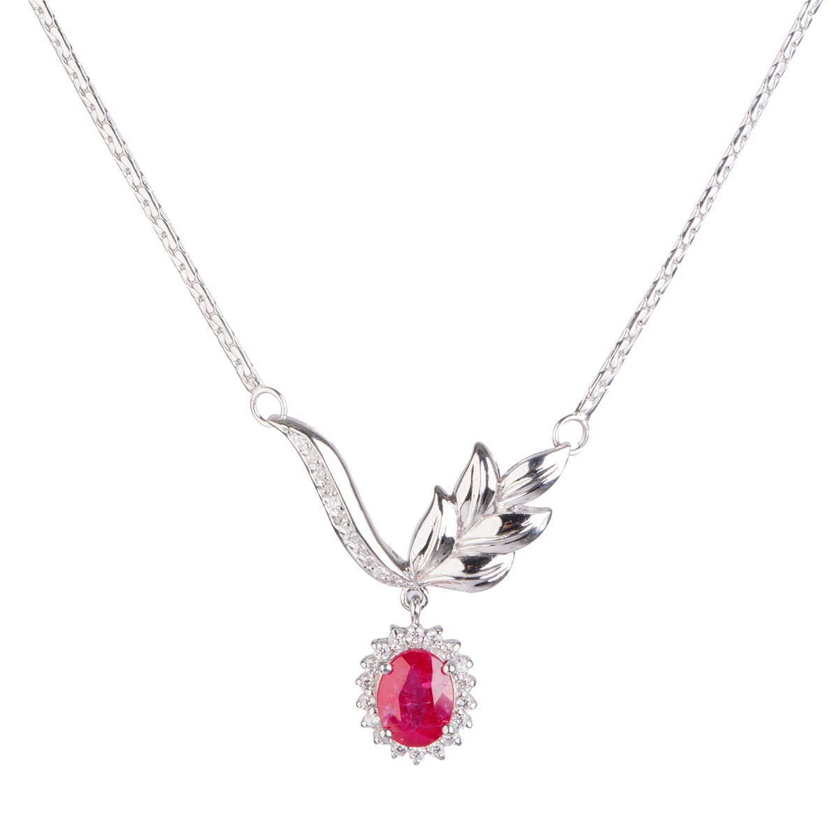 Pink Ruby Leaf Carved Necklace, Earring, Ring | 925 Silver Jewelry Set 2