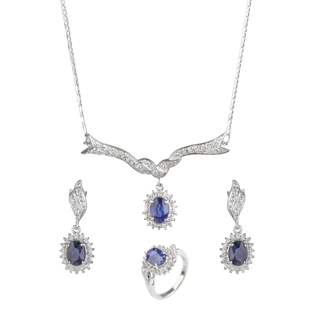 Silver Blue Sapphire Locket, Earrings, Ring | Bridal Cluster Jewelry Set 1