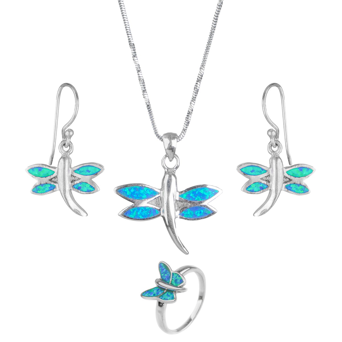 Opal Butterfly Jewelry Set | Silver Hooked Earrings, Ring, Pendant 1