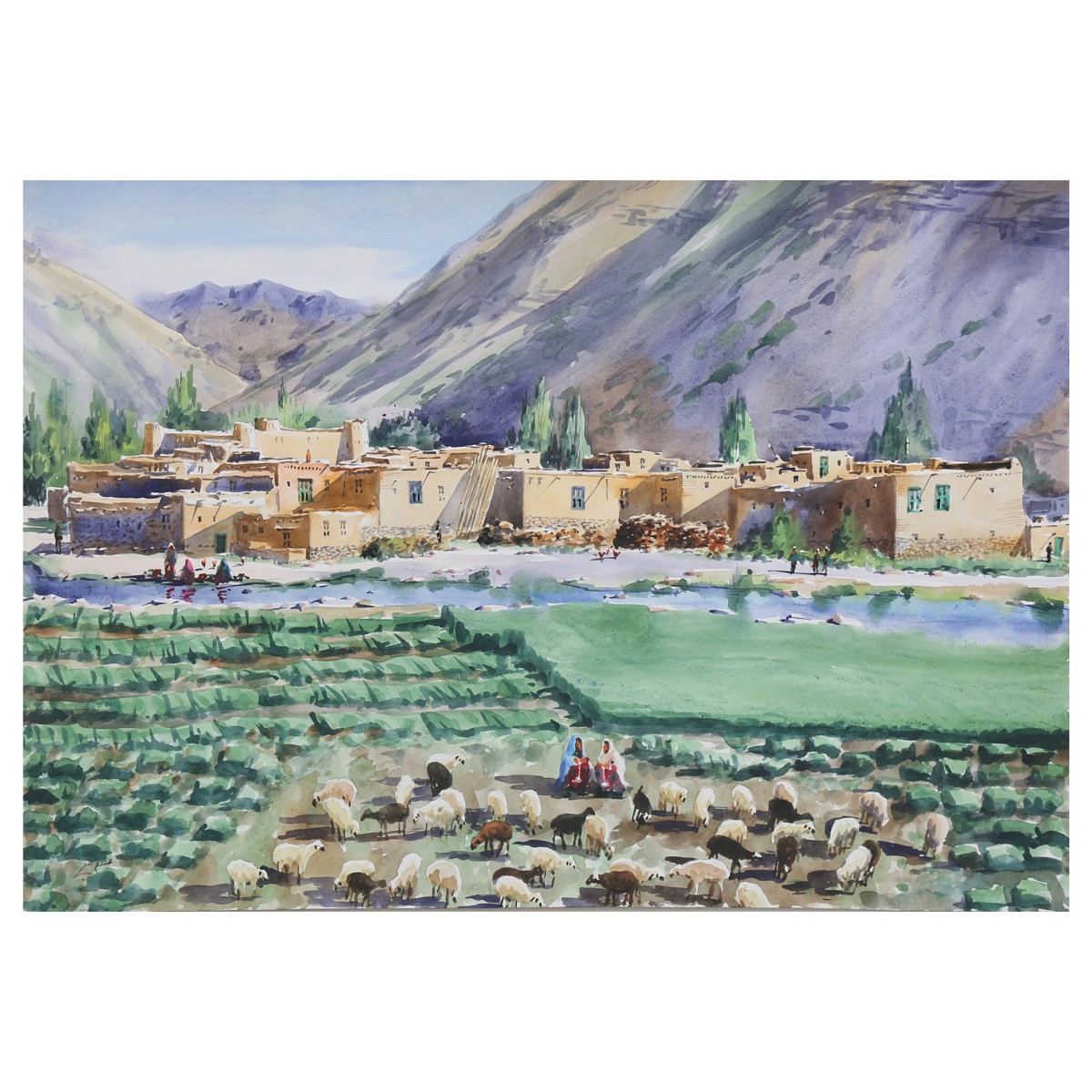 Animals Herd and the Village Painting| Beautiful Village Life Artwork 1