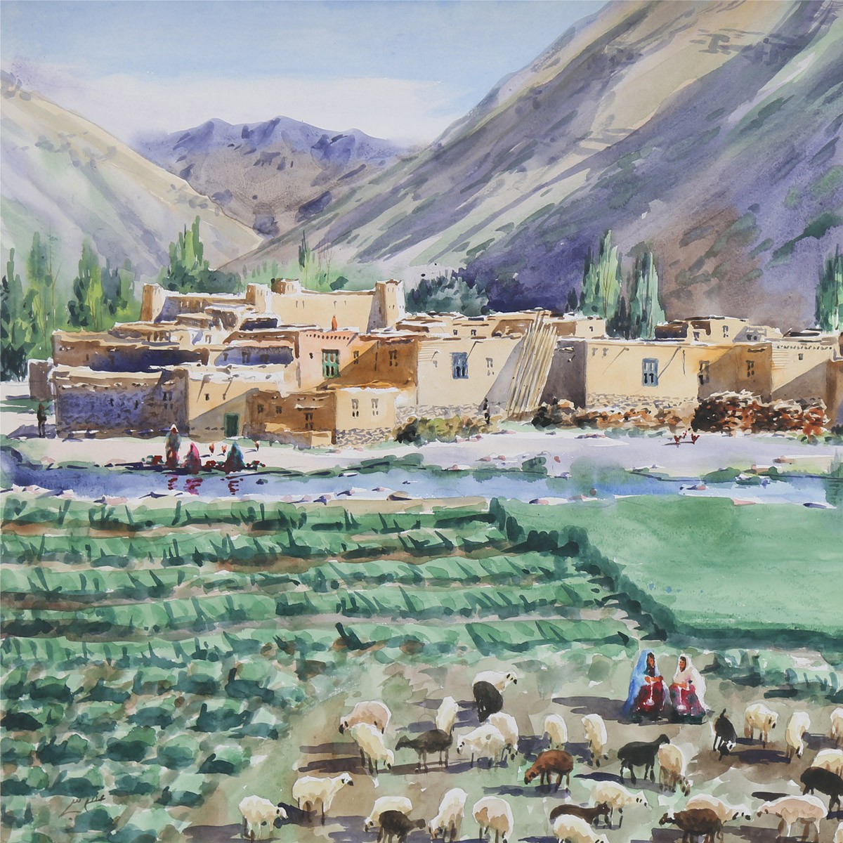 Animals Herd and the Village Painting| Beautiful Village Life Artwork 2