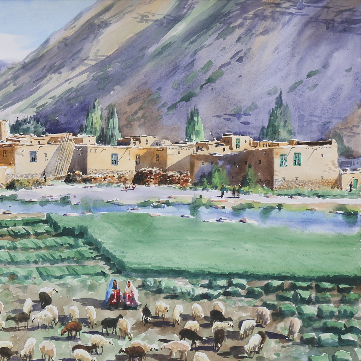 Animals Herd and the Village Painting| Beautiful Village Life Artwork 3
