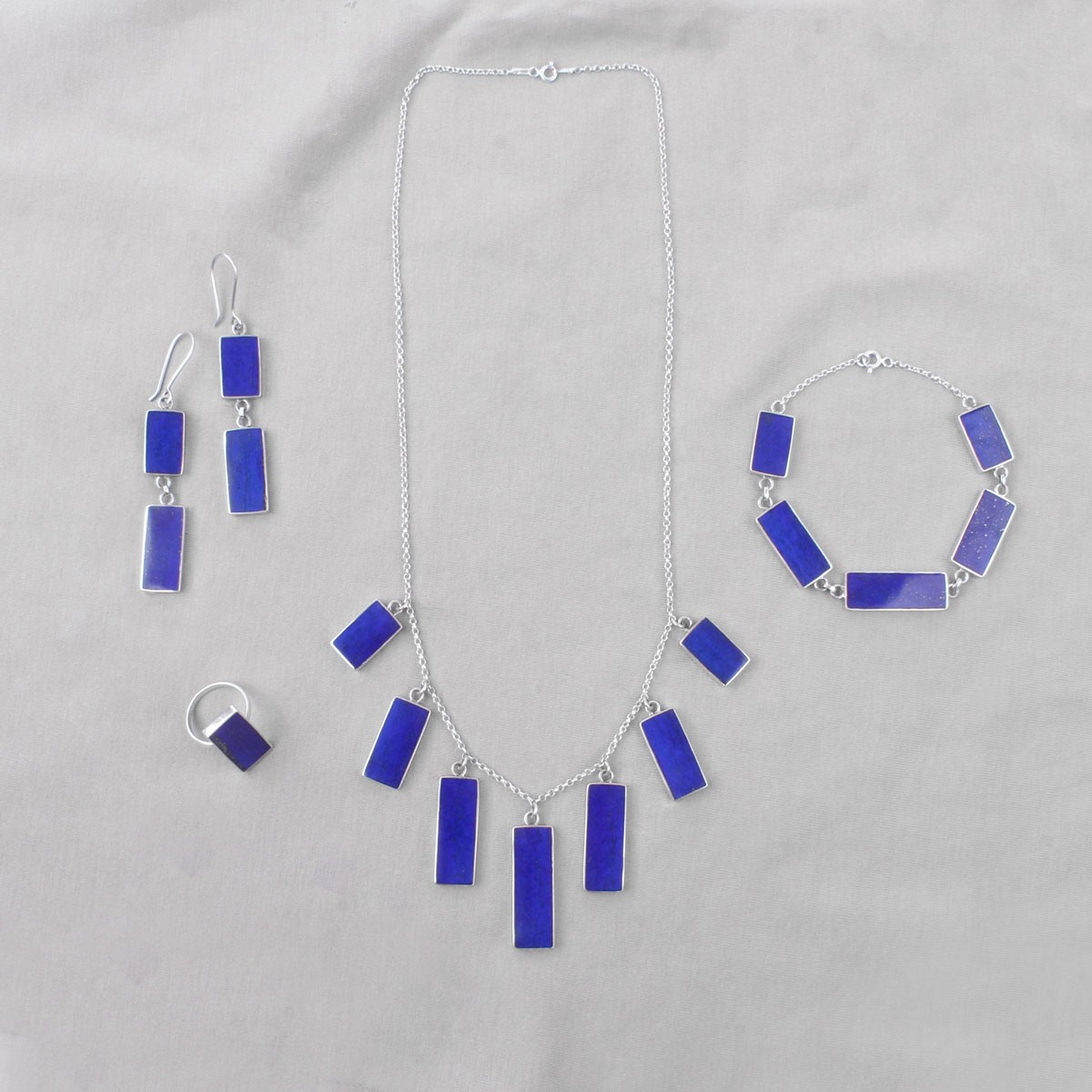 Lapis Lazuli Rectangular Cut Jewelry Set | Silver Necklace, Earrings, Ring & Bracelet 1