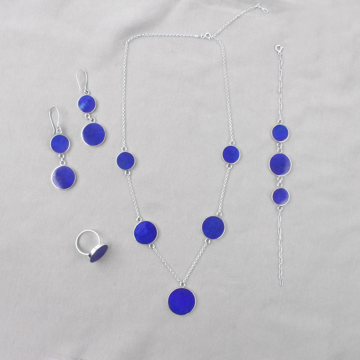 Lapis Lazuli Stone Flat Round Jewelry Set | Silver Necklace, Earrings, Ring & Bracelet 1