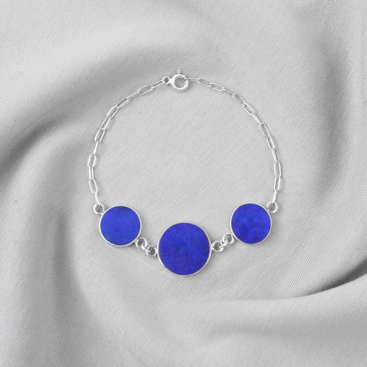 Lapis Lazuli Stone Flat Round Jewelry Set | Silver Necklace, Earrings, Ring & Bracelet 2