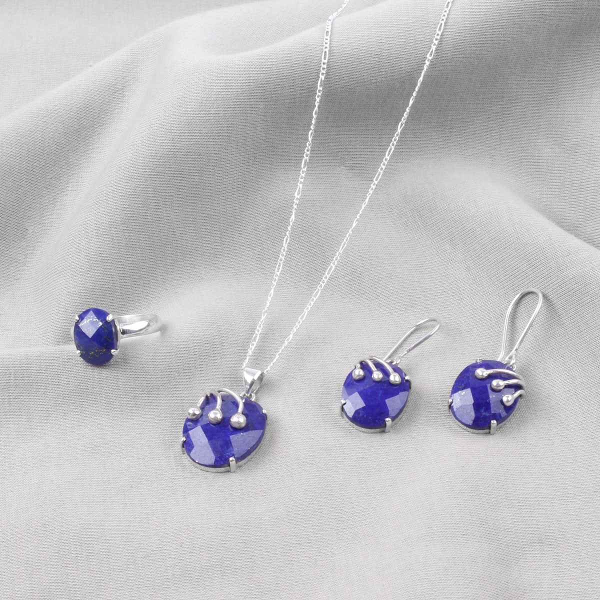Lapis Lazuli Oval Jewelry Set | Silver Antique Pendant, Earrings, Ring 1