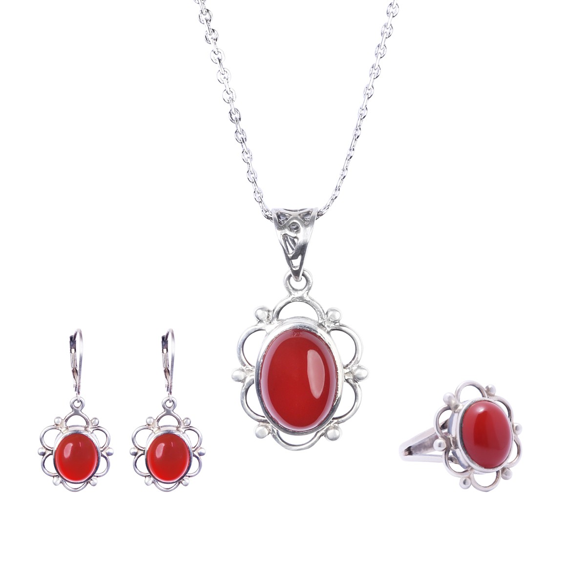 Red Agate Jewelry Set | Floral Silver Pendant, Ring, Earrings 1