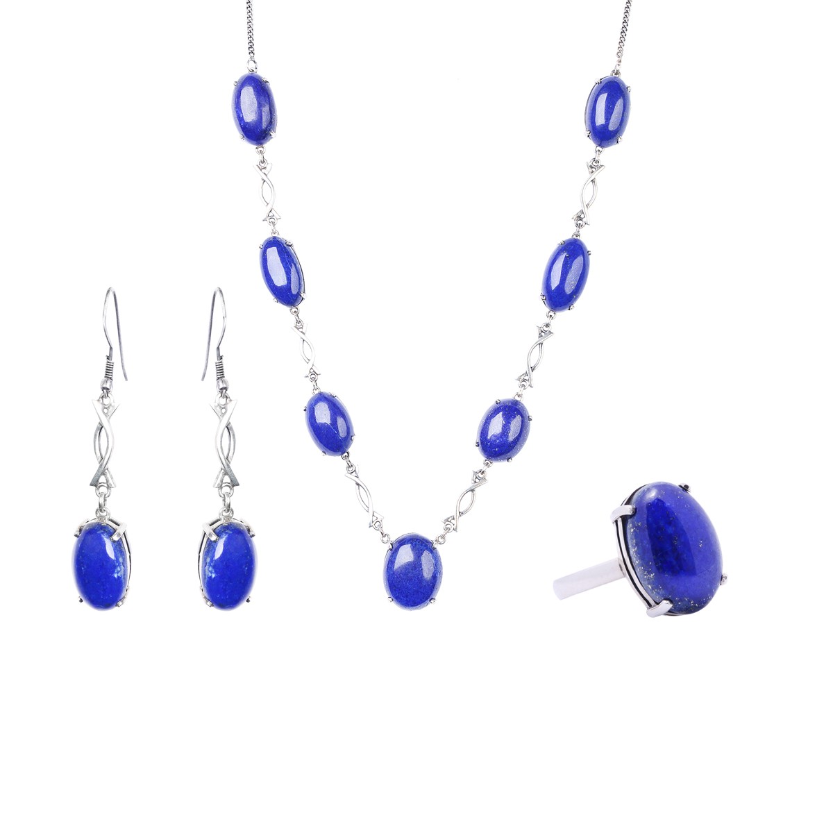 Lapis Lazuli Silver Jewelry Set | Station Necklace, Hook Earrings, Solitaire Ring 1
