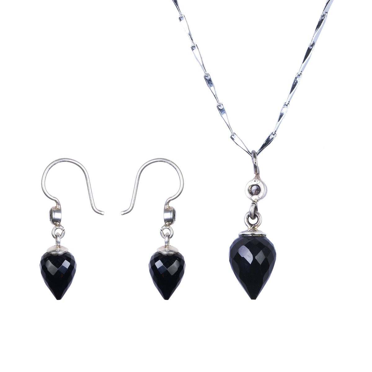 Black Agate Teardrop Jewelry Set | Pear Pointed Pendant & Hook Earrings 1
