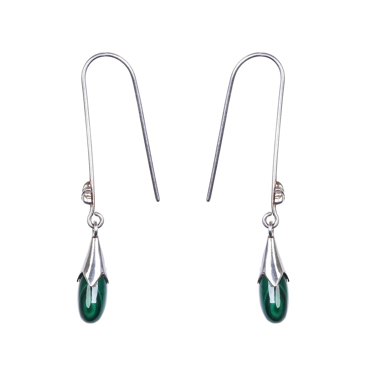 Green Malachite Hook Earrings | Silver Petal Dangle Earrings 1