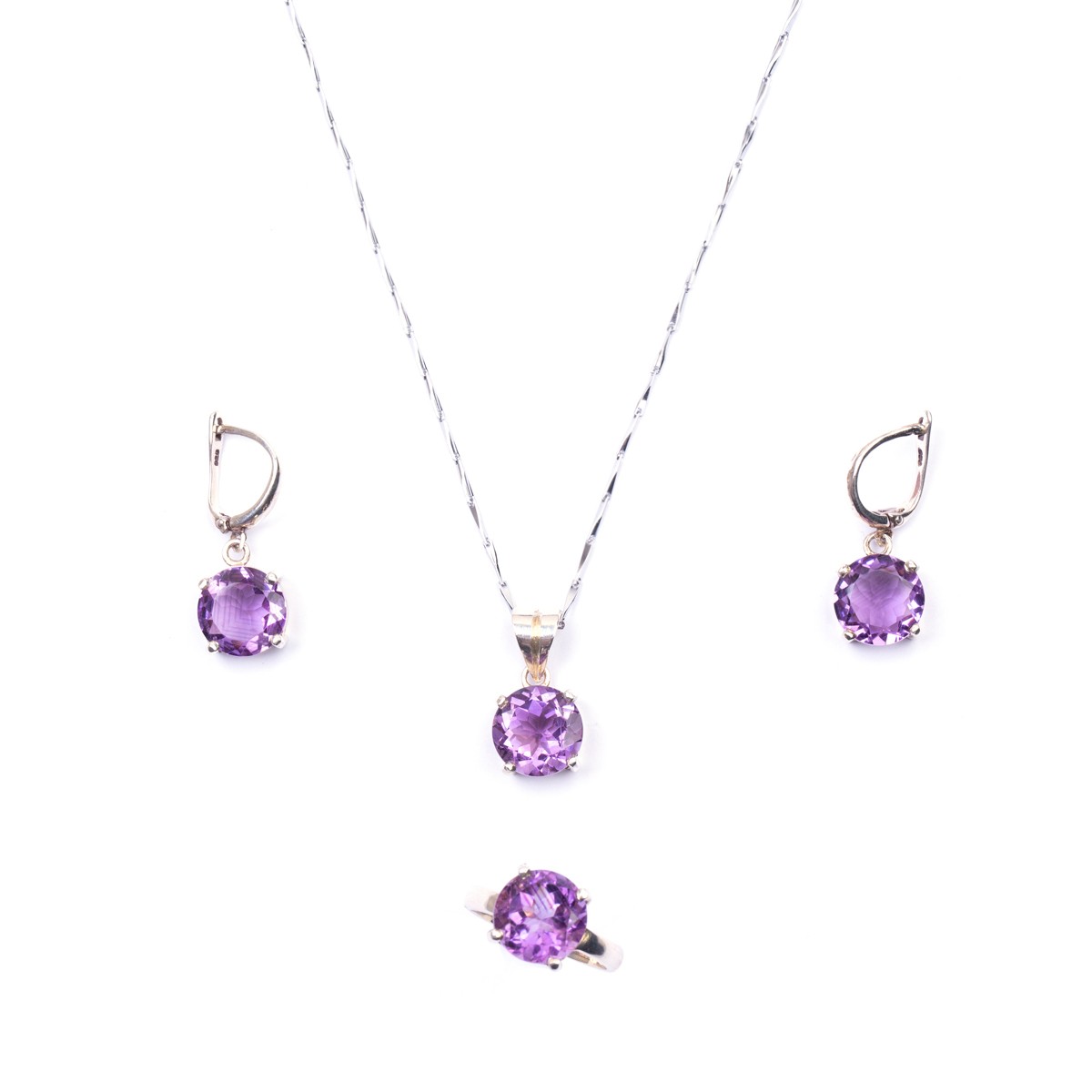 Purple Amethyst Jewelry Set | Silver Round Pendant, Earrings, Ring 1