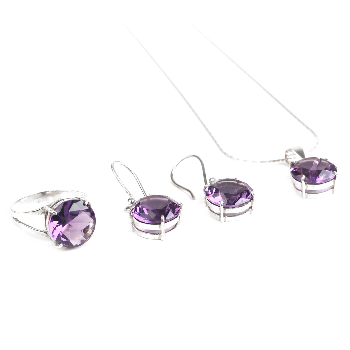 Amethyst Jewelry Set | Silver Round Pendant, Earrings, Ring 1
