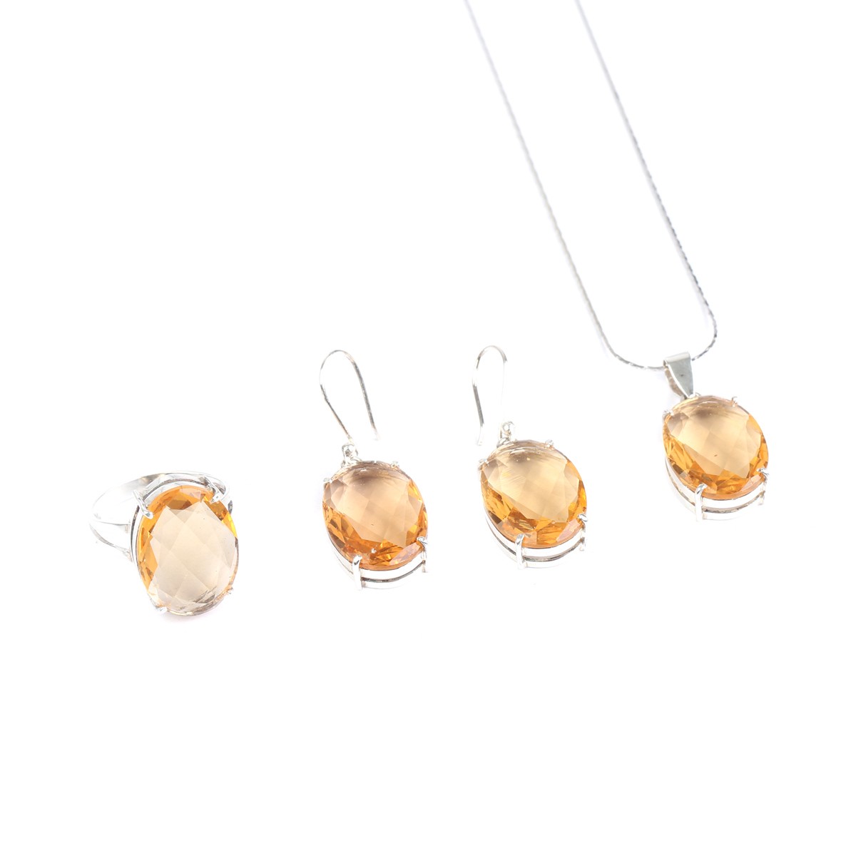 Yellow Topaz Stone Jewelry Set | Silver Oval Pendant, Earrings, Ring 1