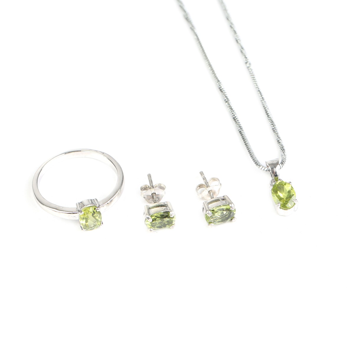 Green Peridot Jewelry Set | Silver Pendant, Studs, Ring 1