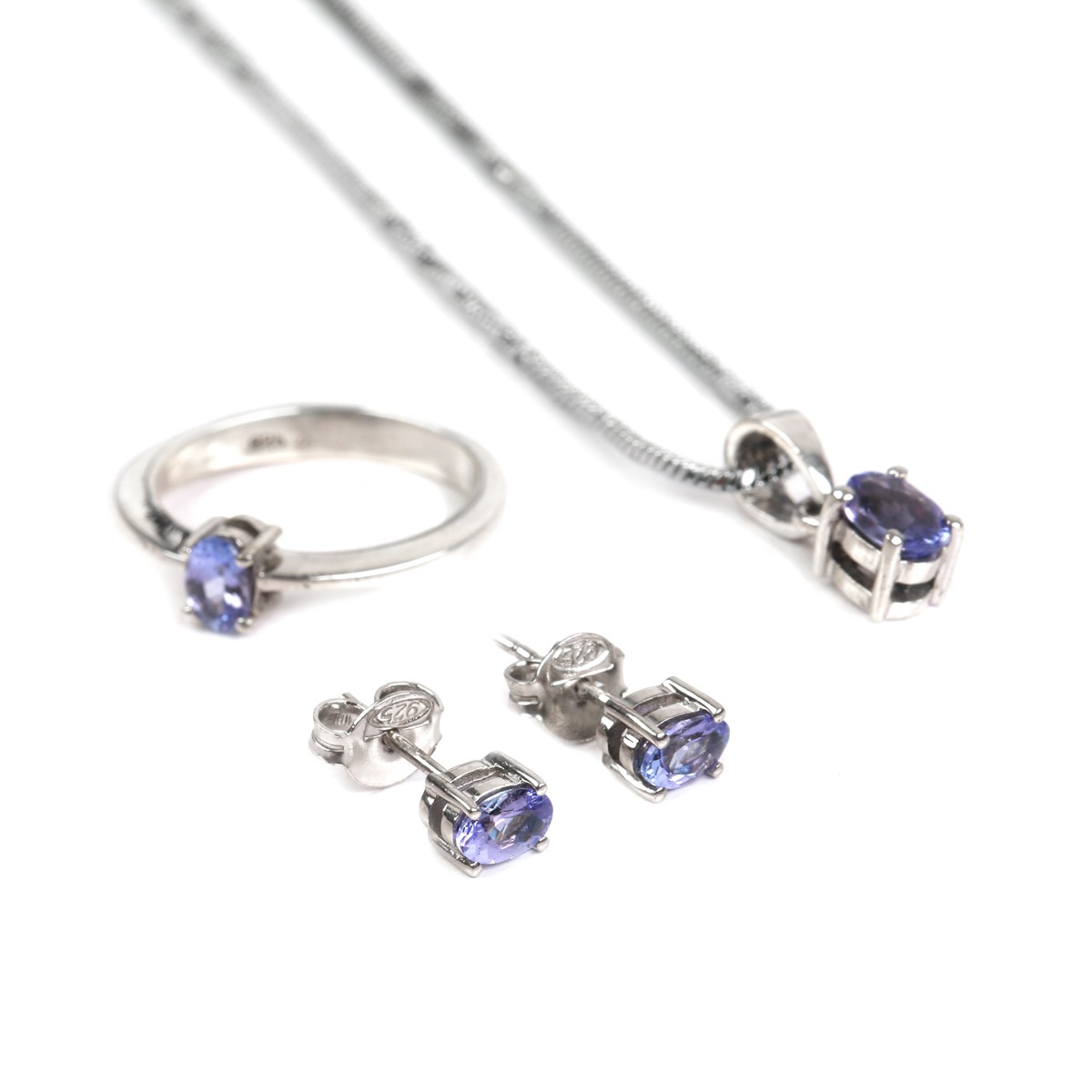 Tanzanite Jewelry Set | Round Silver Pendant, Studs, Ring 1