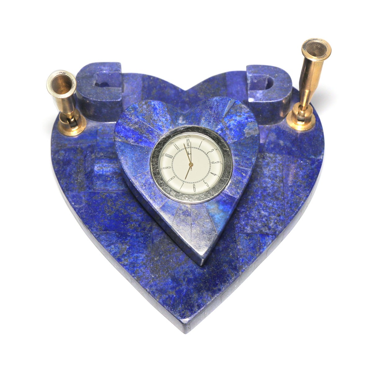 Lapis Lazuli Pen Holder with Attached Clock | Heart Design Pen Stand and Clock 1
