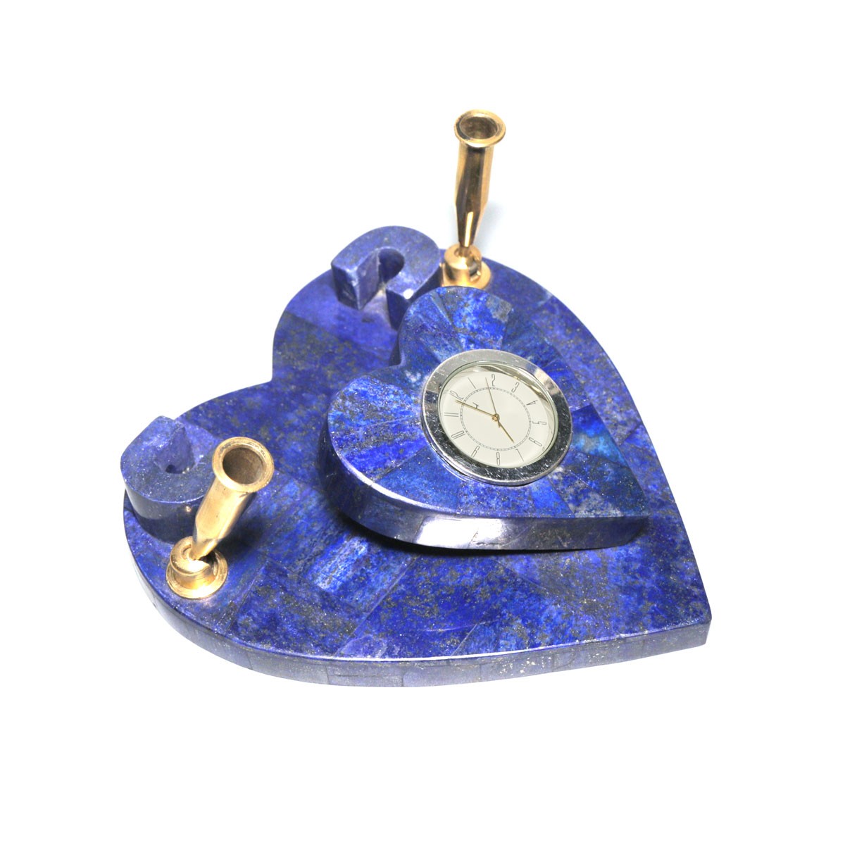 Lapis Lazuli Pen Holder with Attached Clock | Heart Design Pen Stand and Clock 2
