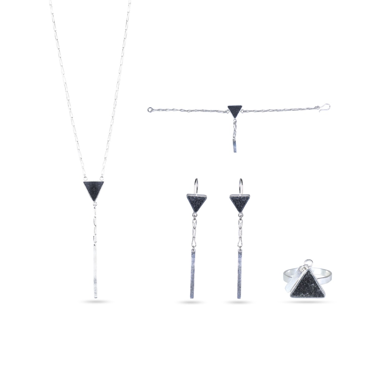 Black Tourmaline Jewelry Set | Silver Triangle Pendant, Earrings, Ring & Bracelet 1