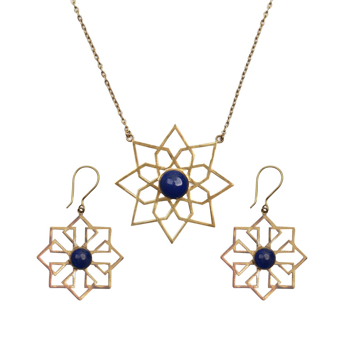 Lapis Stone Floral Jewelry Set | Bronze Pendant, Earrings 1