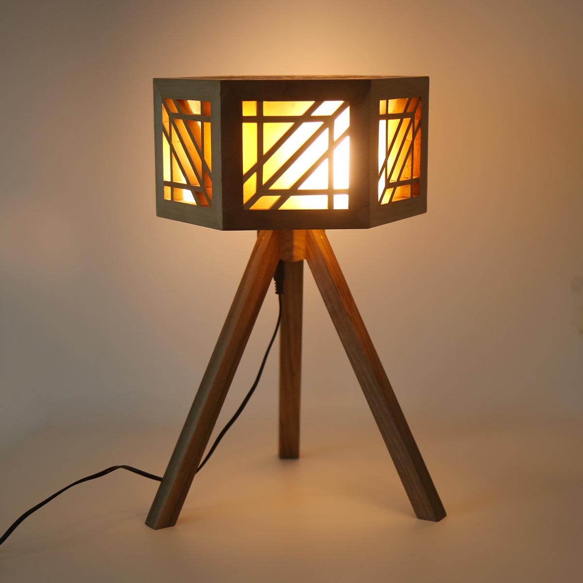 Archa Wood Jali Lamp with Stand | Hexagonal Wooden Lamp Stand 1