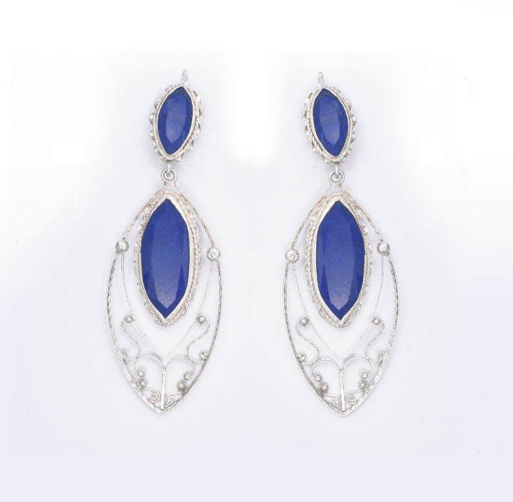 Blue Lapis Lazuli Marquise Earrings | Silver Filigree Teardrop Earrings 1