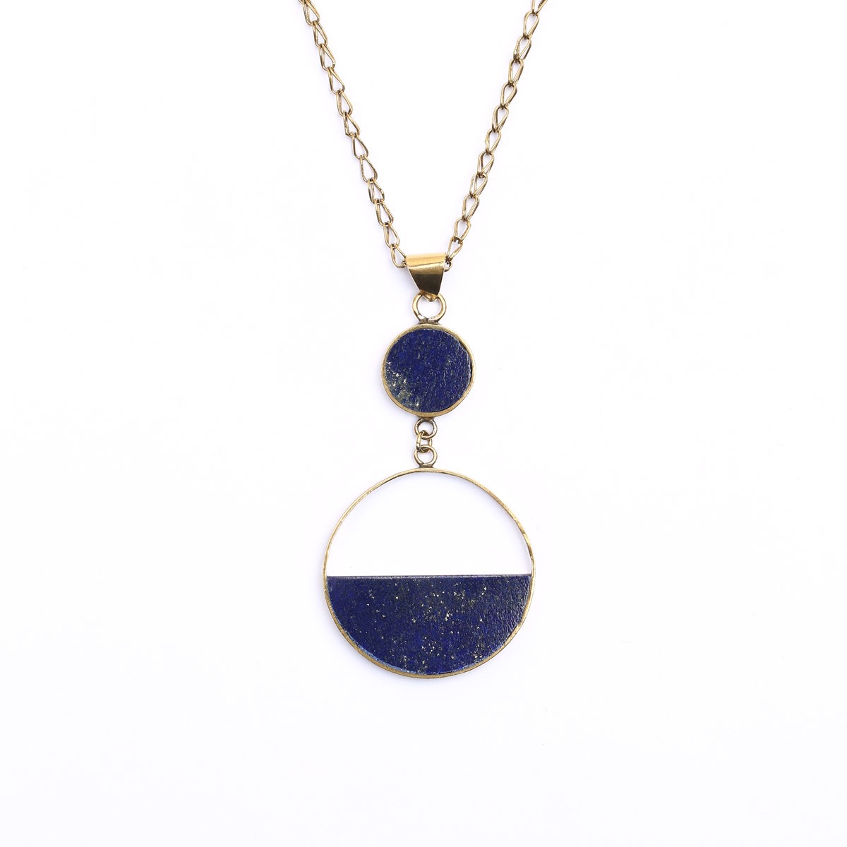 Lapis Lazuli Bronze Pendant | Drop Half-Moon Chain Locket 2