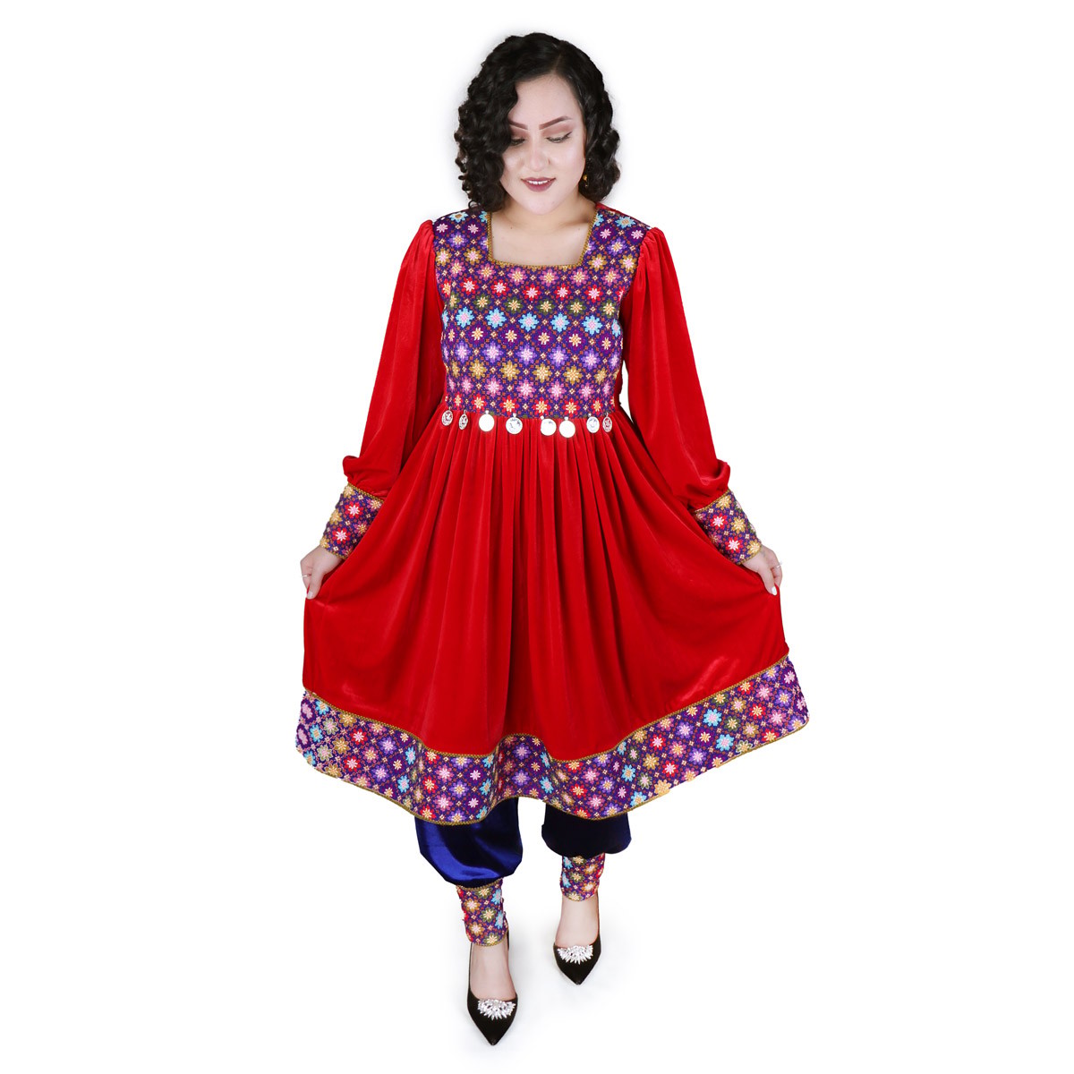 Hand-Embroidered Party Wear | Red Hazaragi Design Dress and Trousers 1