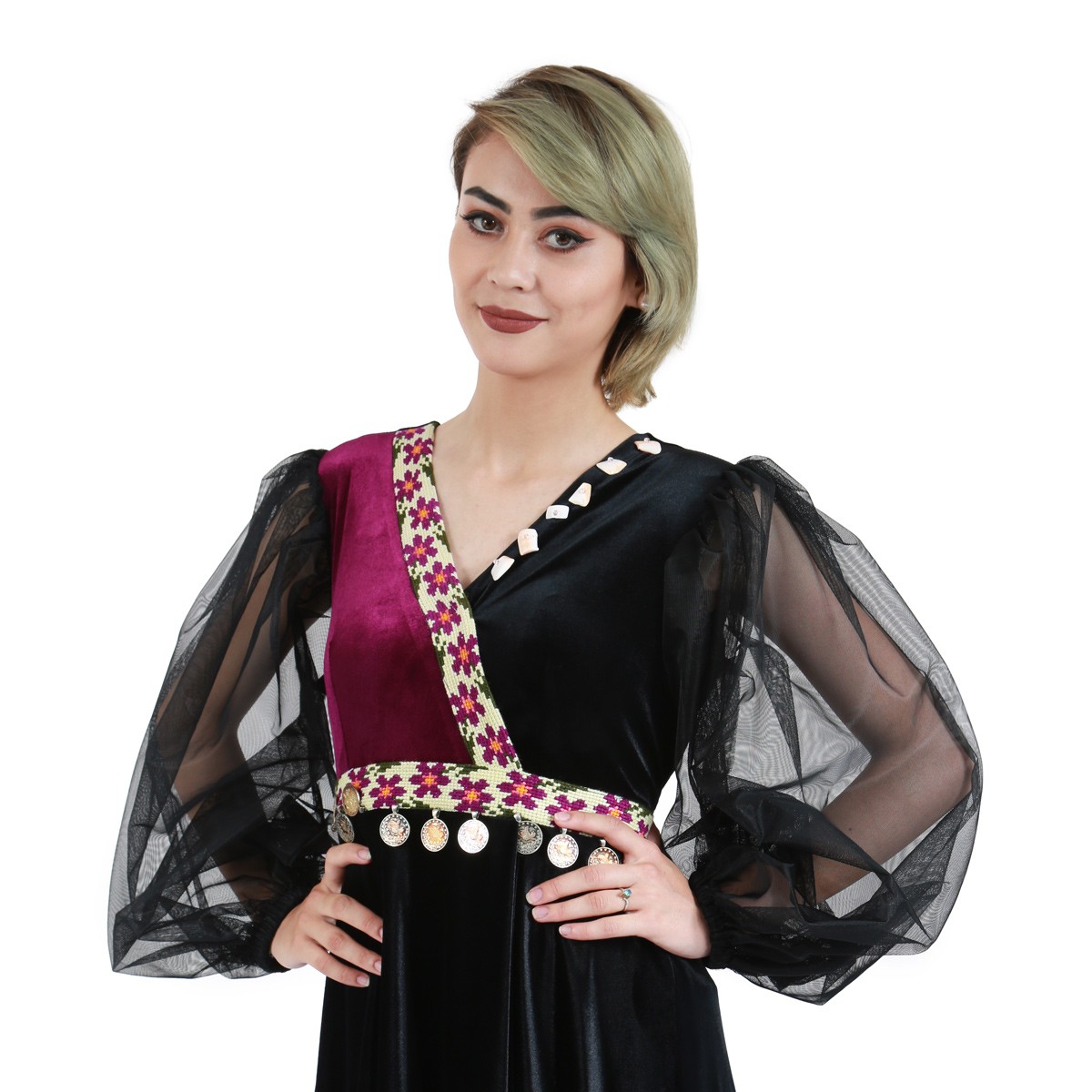 Puffed Jali Sleeves Maxi Dress| Black Velvet Front & Waist Embroidered Dress 5