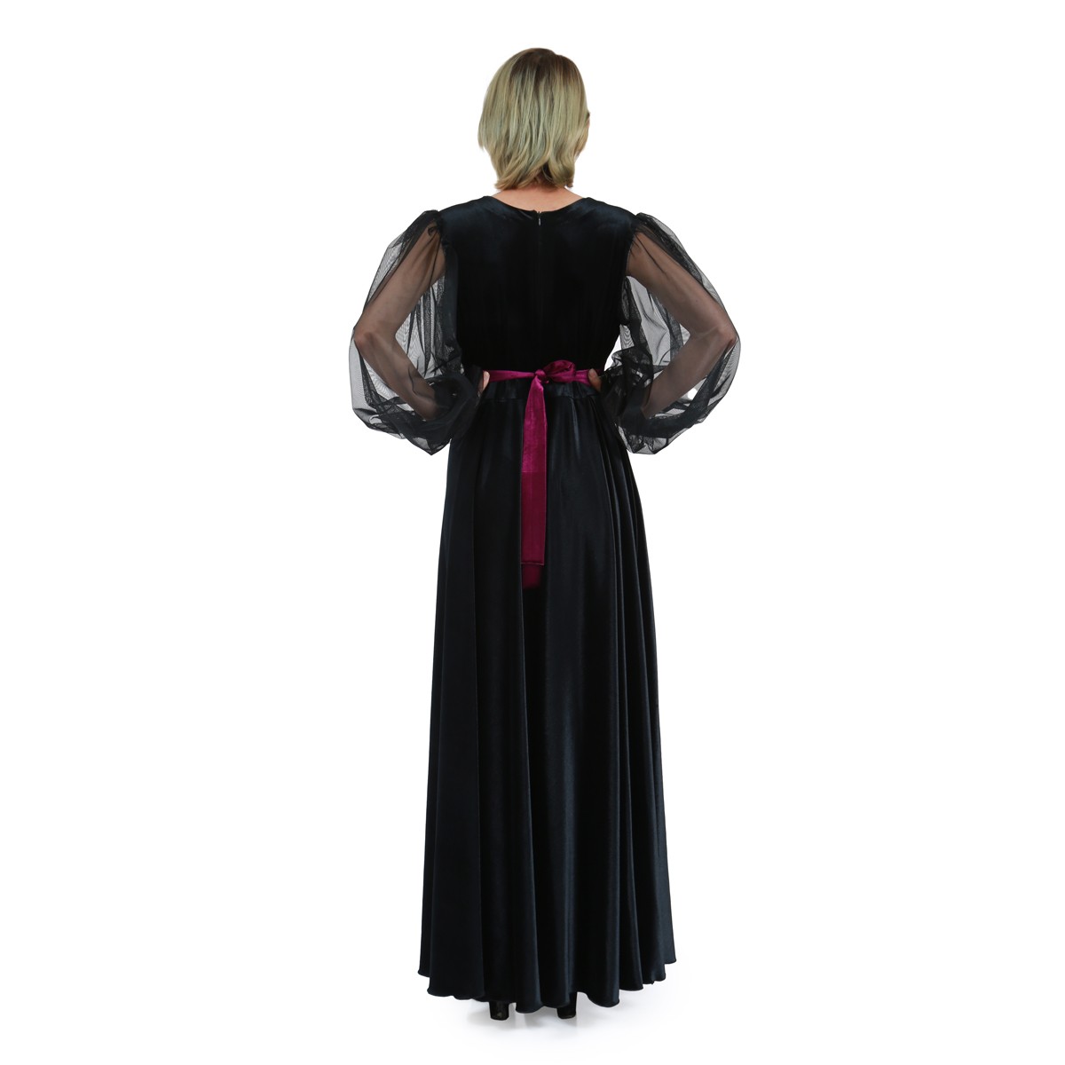 Puffed Jali Sleeves Maxi Dress| Black Velvet Front & Waist Embroidered Dress 6