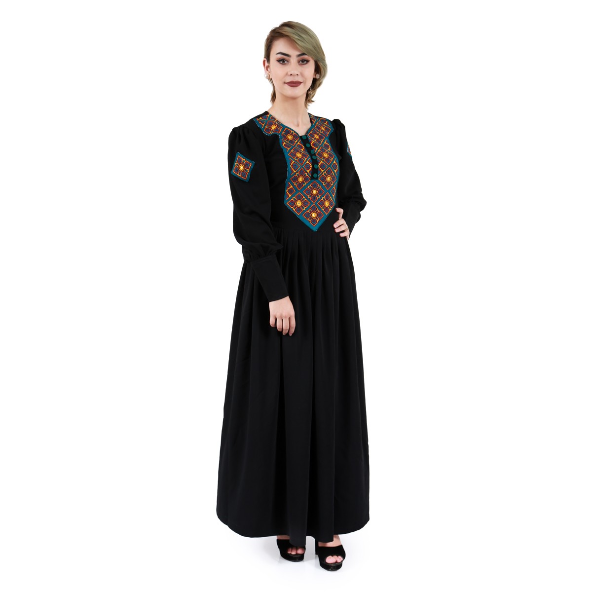 Black Crepe Party Wear Maxi| Front & Shoulders Mirror Embroidered Dress 1