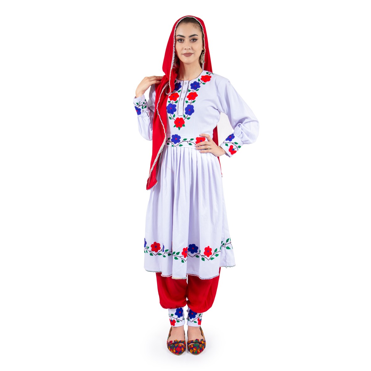 White and Red Hazaragi Shall Set| Hand Embroidered Cotton Traditional Set 1