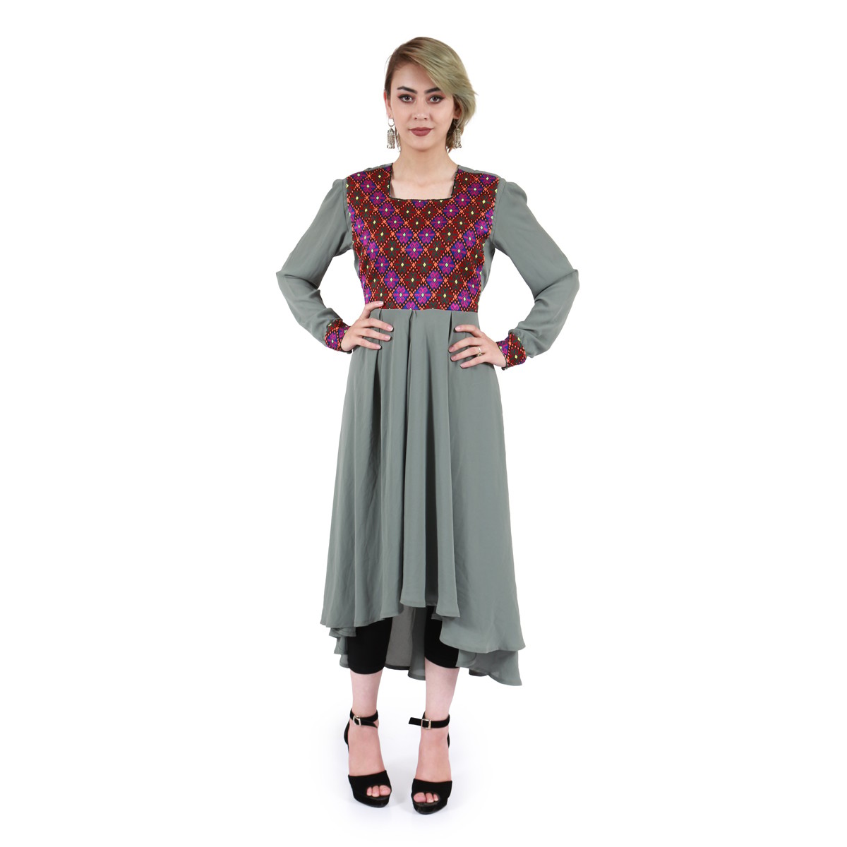 Light Green Crepe Mullet Dress| Front and Sleeves Embroidered Pleated Party Wear 1