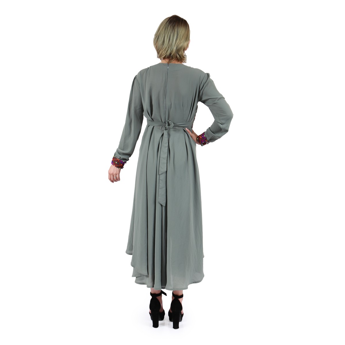 Light Green Crepe Mullet Dress| Front and Sleeves Embroidered Pleated Party Wear 3