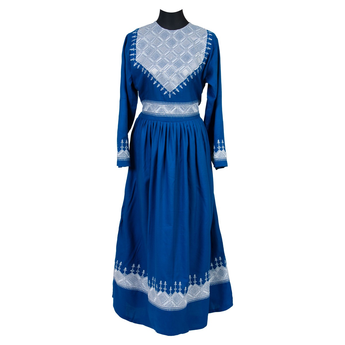 Hazaragi Long Dress with White Embroidery | Blue Pleated Afghan Dress with Shari Dupatta 1