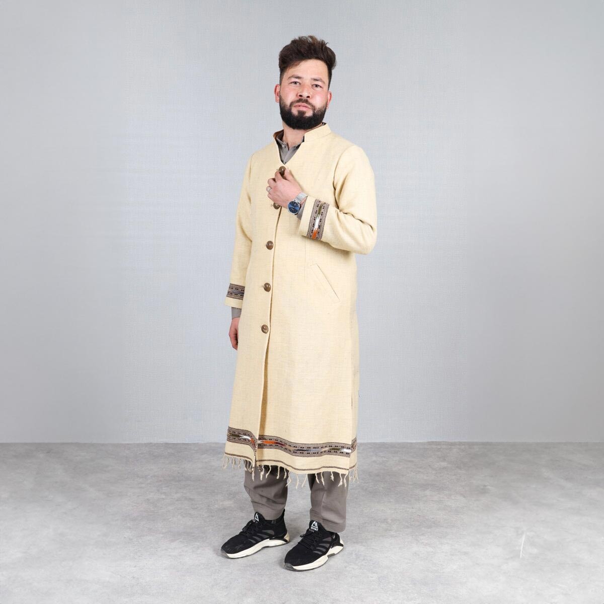 Cream Woolen Coat | Long Embroidered Men's Coat 3
