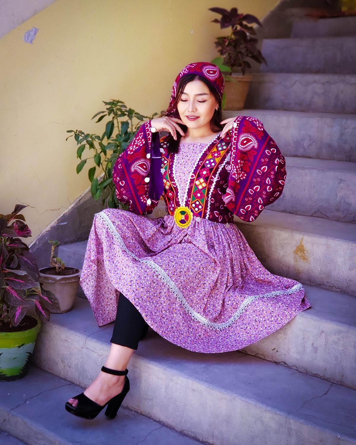 Pinky Violet Golnegar Hazaragi Dress | Cotton Pleated Skirt Frock 4
