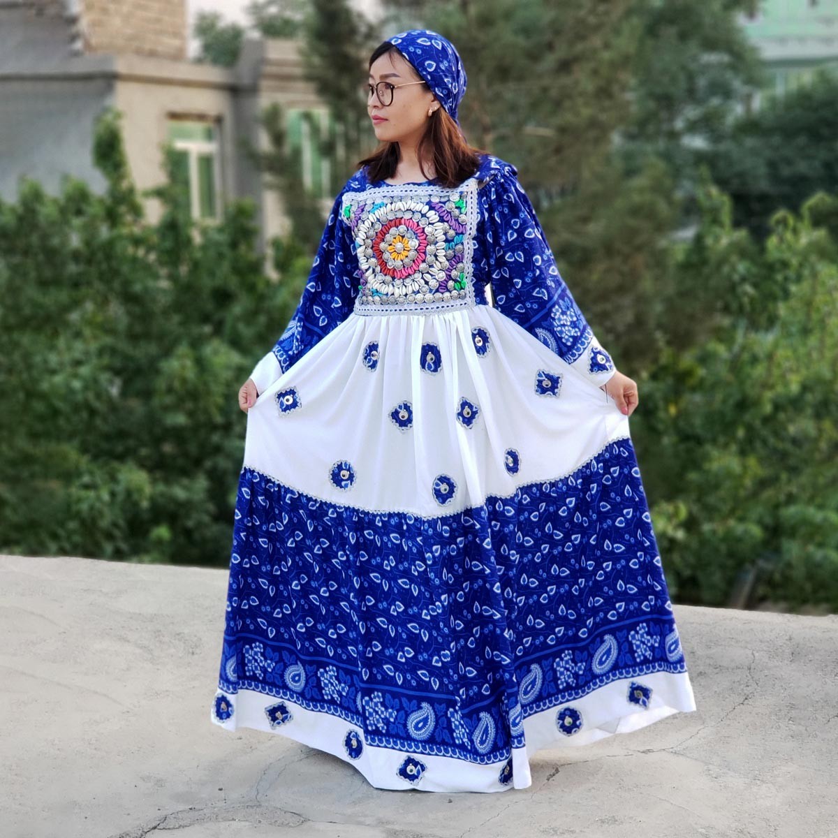 Blue Hazaragi Embroidered Party Wear Long Dress | Gol Negar Pleated Skirt Long Frock  1