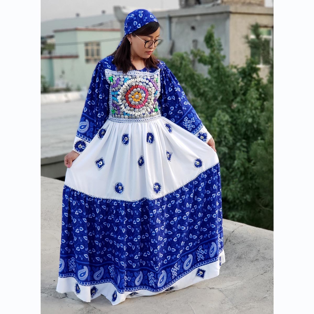 Blue Hazaragi Embroidered Party Wear Long Dress | Gol Negar Pleated Skirt Long Frock 2